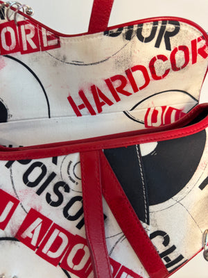 Rare Vintage Christian Dior "Hardcore" piercing graphic limited edition Saddlebag S/S 2003 John Galliano White Black red chain charm detailing