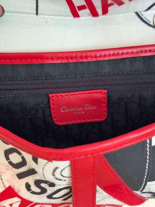 Rare Vintage Christian Dior "Hardcore" piercing graphic limited edition Saddlebag S/S 2003 John Galliano White Black red chain charm detailing