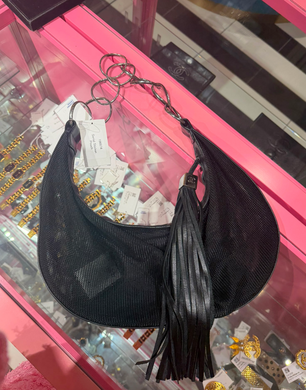 Chanel Black Mesh Hobo Bag Ruthenium Hardware Chain Link Fringe Tassel 2003/2004 Karl Lagerfeld CC Coco Mark Black Monochrome `Chanel' Spell out