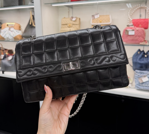 Chanel Vintage 2000-2002 Black Quilted Chocolate Bar Lambskin Leather Checked 2.55 Flap Bag Lagerfeld Western Embroidery Gunmetal hardware Rhinestone CC Coco Mark Face