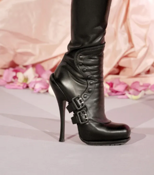 Christian Dior Vintage Archive Runway S/S 2010 Couture Spy Boots Black Leather Peep Toe Stiletto Buckle Ankle Boots John Galliano