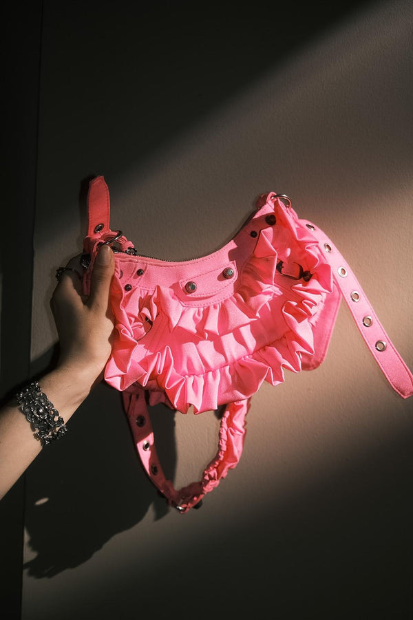 Rare Balenciaga Neo Cagole Mini Shoulder Bag Neon Pink Ruffle Edition Silver Hardware with Mini Zip Pouch