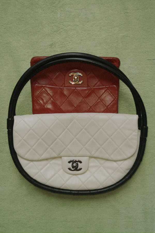Chanel Iconic S/S 2013 Karl Lagerfeld Hula Hoop White CC flap Black trim Quilted Calfskin Mini