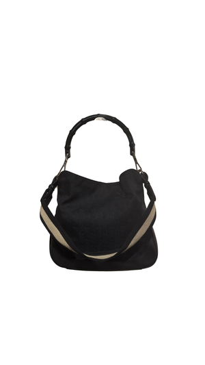Gucci Vintage Bamboo 2 Way Shoulder Bag Black GG Monogram Canvas Leather Trim Bamboo Handle Top Handle Handbag