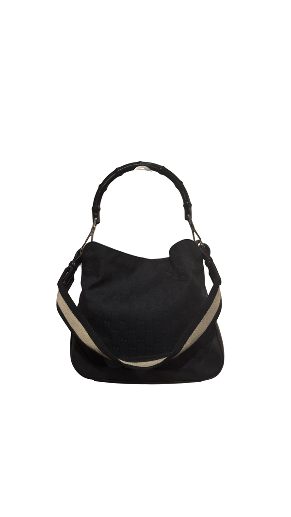 Gucci Vintage Bamboo 2 Way Shoulder Bag Black GG Monogram Canvas Leather Trim Bamboo Handle Top Handle Handbag