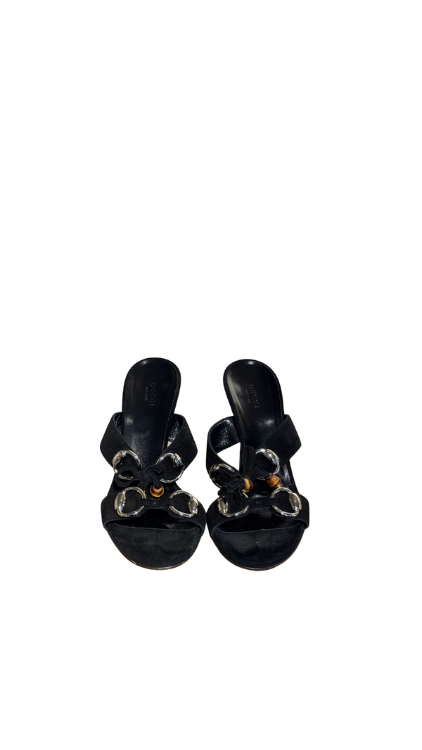 Gucci Black Suede Tassel Mule Sandals Bamboo Detail Gold Hardware High Heel Size 38C