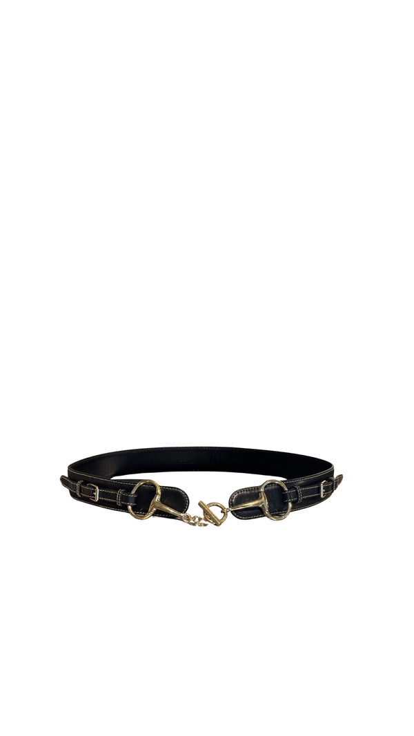 Gucci by Tom Ford Vintage Black Leather Horsebit Chain Toggle Wide Belt Gold Hardware Y2K Archive
