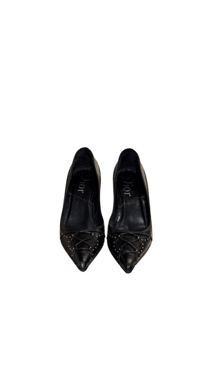 Christian Dior Vintage John Galliano Era Black Leather Studded Lace-Up Pumps Pointed Toe Stiletto Heels Silver Tone Eyelets EU 38