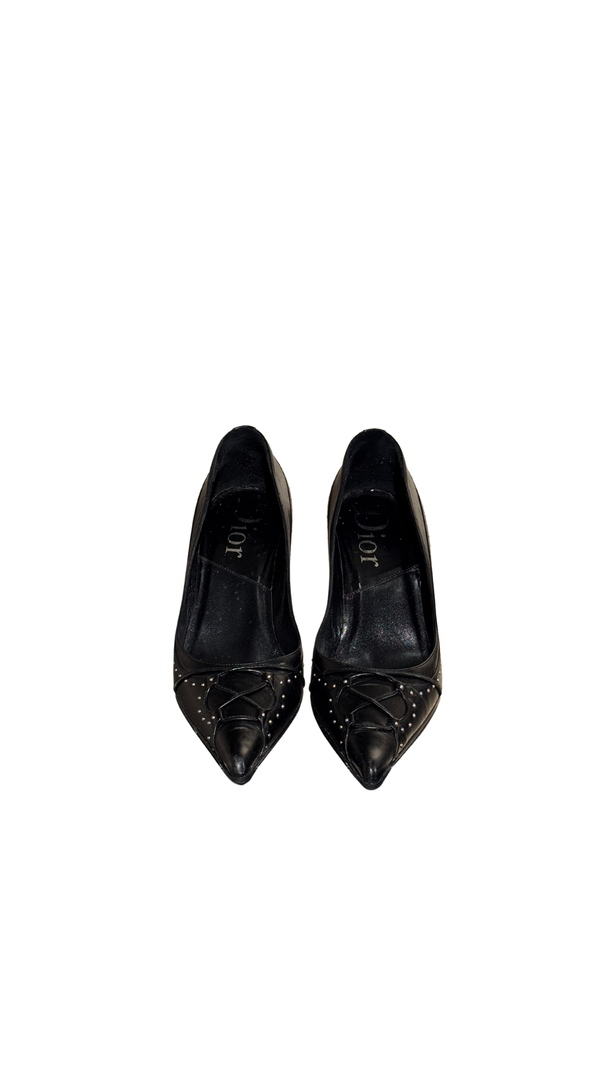 Christian Dior Vintage John Galliano Era Black Leather Studded Lace-Up Pumps Pointed Toe Stiletto Heels Silver Tone Eyelets EU 38