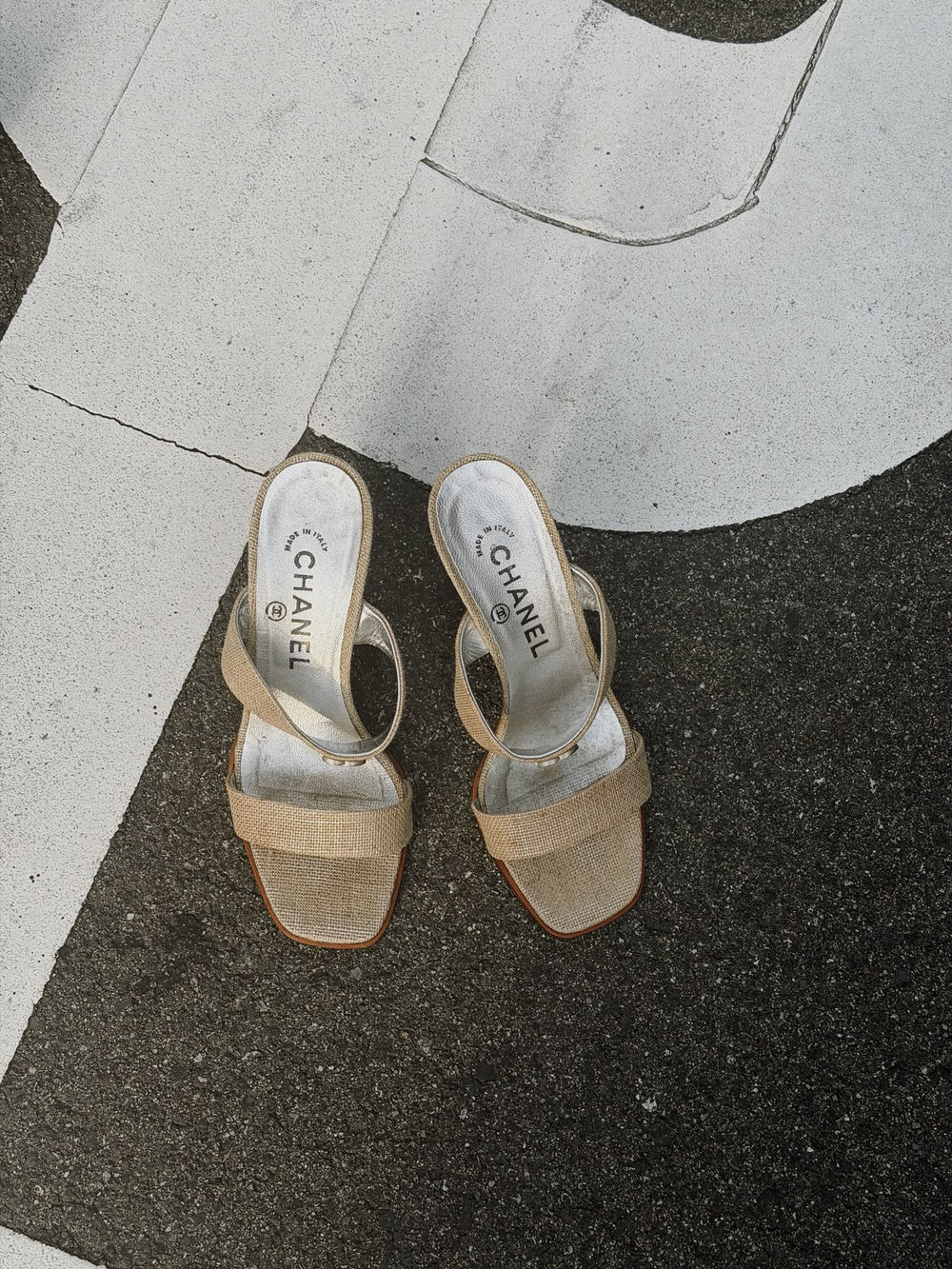 Chanel Vintage Canvas Sandals Heeled Mule Pump Shoes Karl Lagerfeld Canvas Strap detail CC coco mark