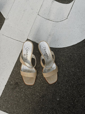 Chanel Vintage Canvas Sandals Heeled Mule Pump Shoes Karl Lagerfeld Canvas Strap detail CC coco mark