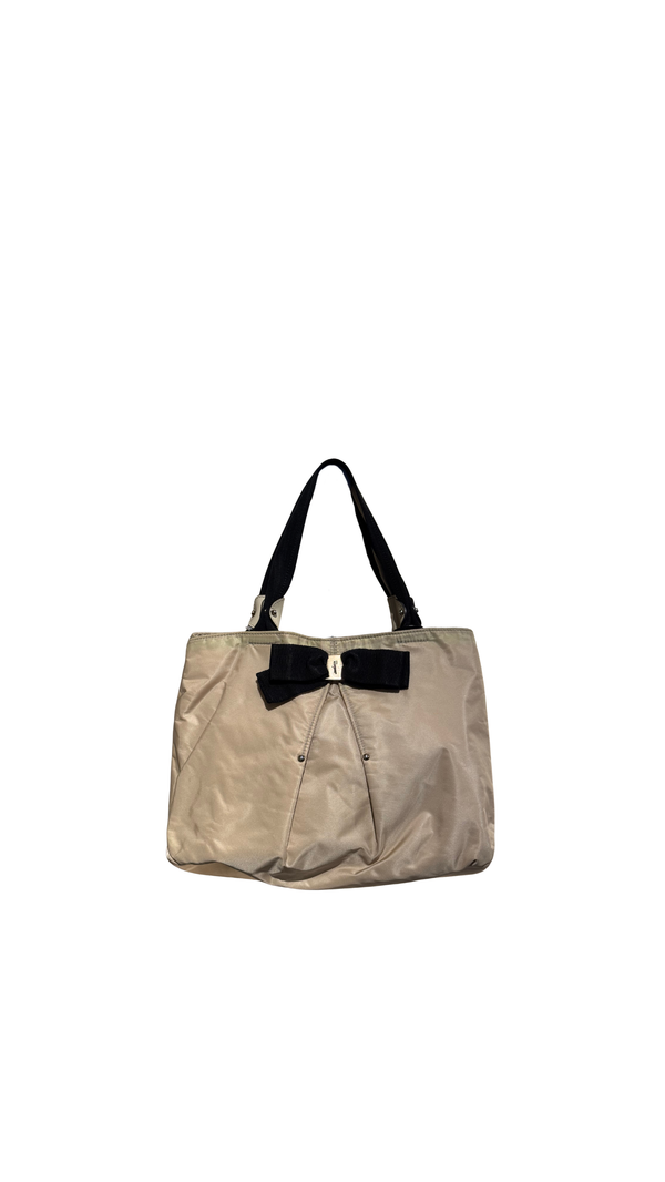 Salvatore Ferragamo Vintage Beige Nylon Tote Bag with Black Grosgrain Bow Detail