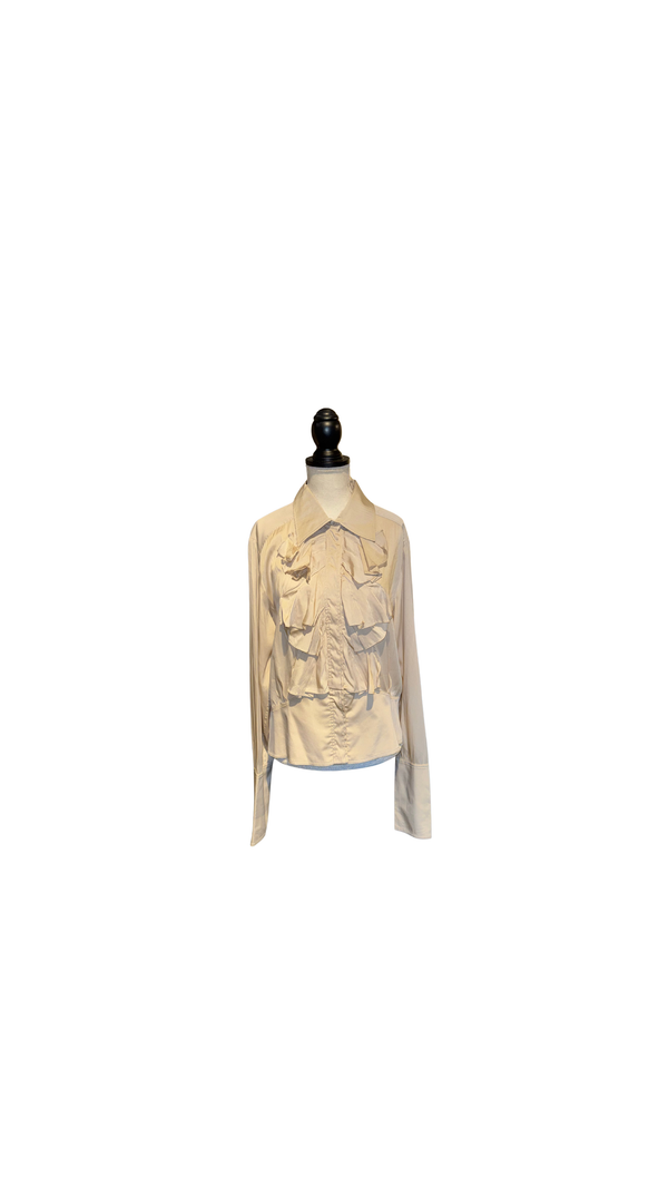 Gucci Tom Ford Era Grey Ruffle-Front Cotton Poplin Blouse Circa 2000–2004
