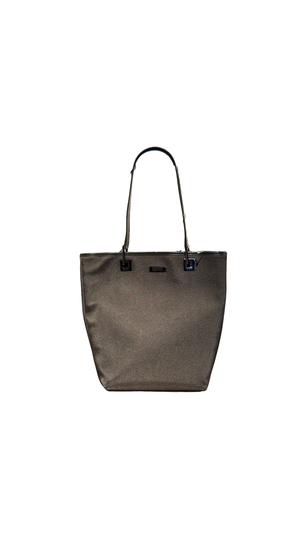 Gucci Vintage Metallic Leather Tote Bag Dark Bronze Shimmer Shoulder Bag Logo Plaque