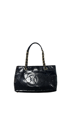 Chanel Vintage Punching CC Coco Mark Double Chain Bag Shoulder Patent Leather Women's Black Quilted Large Tote Shoulder Bag gold hardware