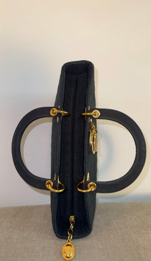 Vintage Christian Dior Lady Dior Cannage Black Nylon Leather Quilted Women’s Bag Purse Nylon Gold charm detailing red lining