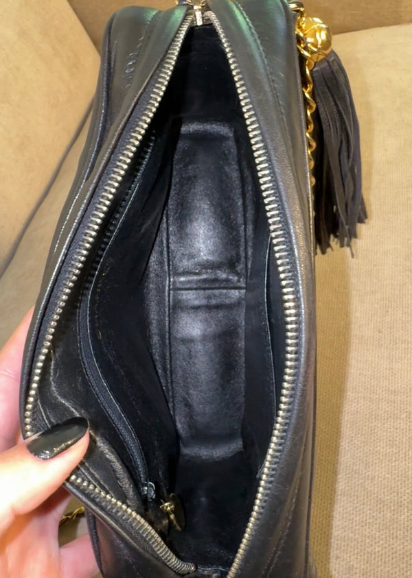 Chanel Vintage CC cocomark Camera Bag Black Leather Lambskin 24K Gold Hardware Karl Lagerfeld Tassel