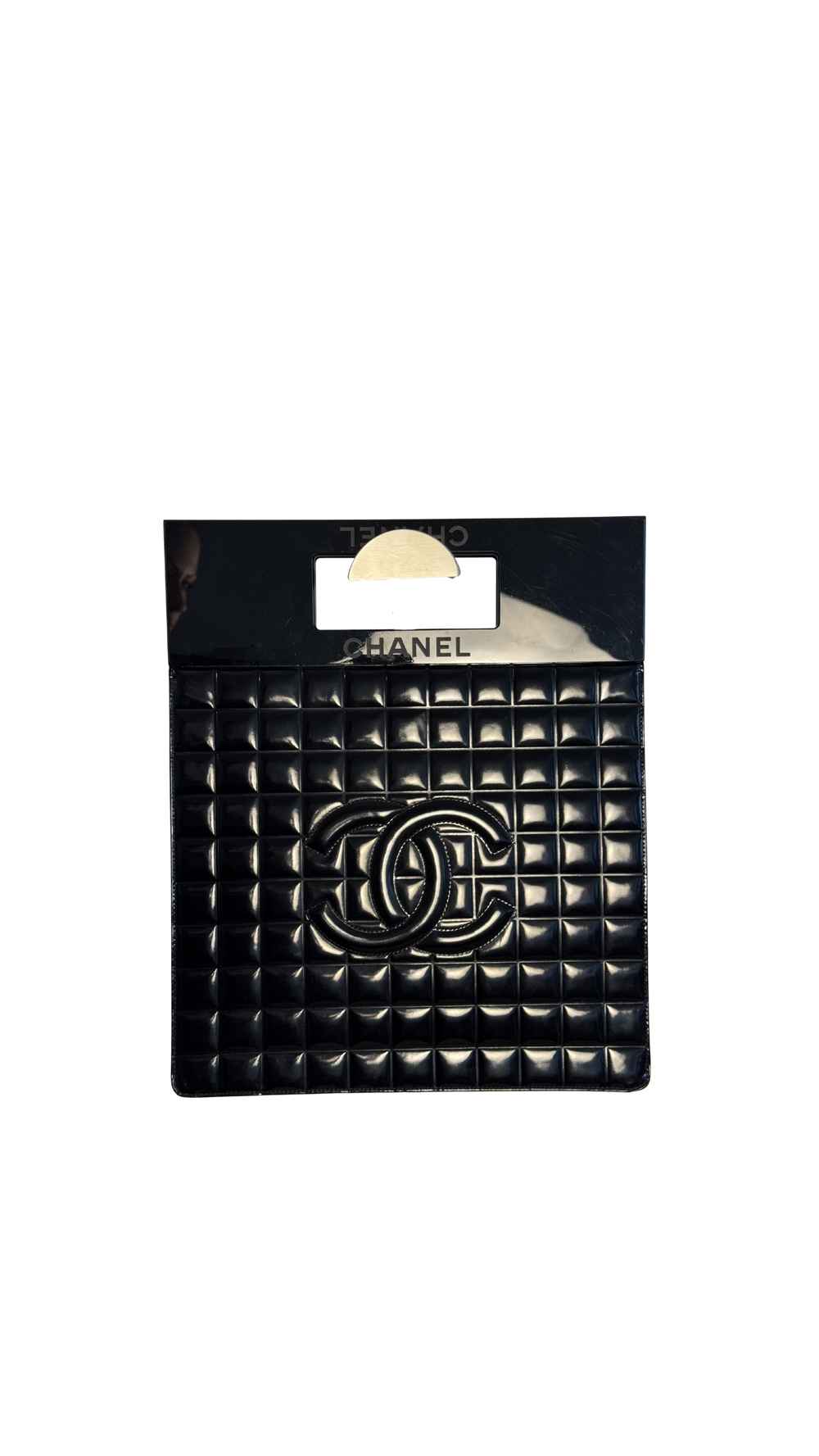 Chanel Black Chocolate Bar Quilted Patent Perspex Handle Clutch 2002/2003 Karl Lagerfeld CC Coco Mark Square Purse Black Monochrome