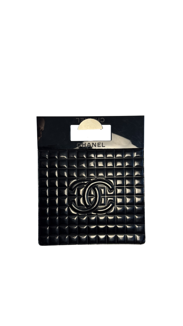 Chanel Black Chocolate Bar Quilted Patent Perspex Handle Clutch 2002/2003 Karl Lagerfeld CC Coco Mark Square Purse Black Monochrome