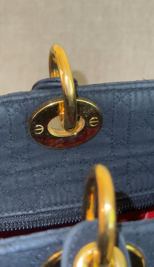 Vintage Christian Dior Lady Dior Cannage Black Nylon Leather Quilted Women’s Bag Purse Nylon Gold charm detailing red lining