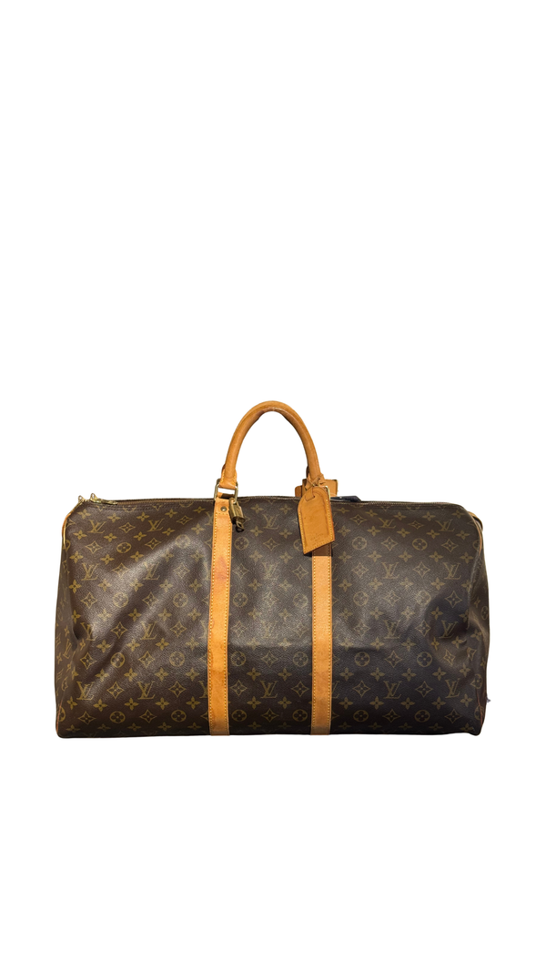 Louis Vuitton Vintage Keepall 55 Monogram Canvas Travel Duffle Bag Brown Leather Trim