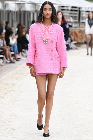 Chanel Cruise Resort 2023 Collection Baby Pink Gold Hardware Bow Ruffle Woven Tweed Classic Jacket S/S Monte Carlo CC coco mark buttons