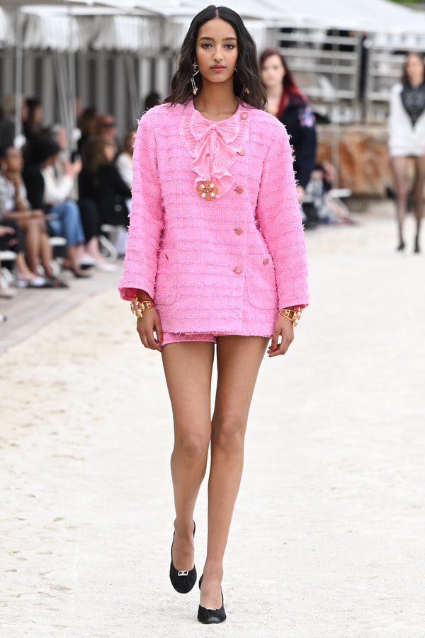 Chanel Cruise Resort 2023 Collection Baby Pink Gold Hardware Bow Ruffle Woven Tweed Classic Jacket S/S Monte Carlo CC coco mark buttons