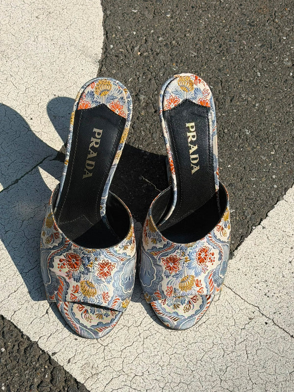 Prada Vintage Retro Floral Print Mules Multicolour Brocade Fabric Sloped Heeled Open Toe Sandal