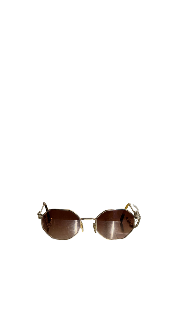 Valentino VA2040 Vintage Geometric Sunglasses Gold Tone Metal Frame Brown Gradient Lenses VLogo Chain