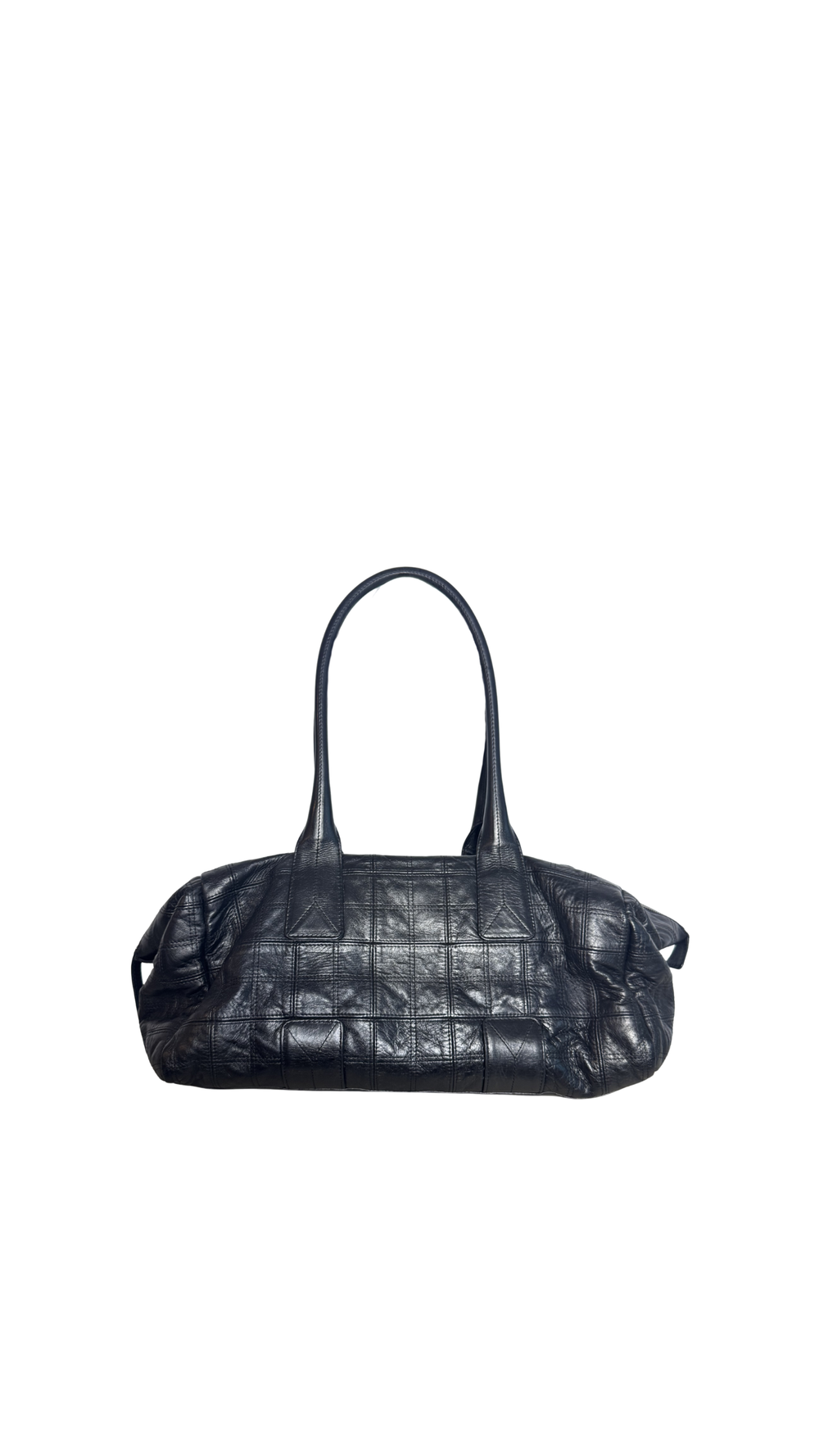 Chanel Vintage Black Chequered Chocolate Bar Lambskin Leather Large Tote Shoulder Bag Spellout Gunmetal hardware