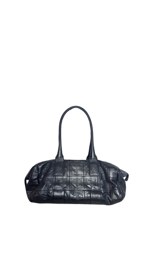 Chanel Vintage Black Chequered Chocolate Bar Lambskin Leather Large Tote Shoulder Bag Spellout Gunmetal hardware