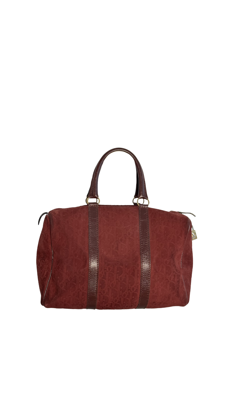 Vintage Christian Dior Boston 30 Burgundy embossed red monogram medium suede mini duffle leather handles lock detail