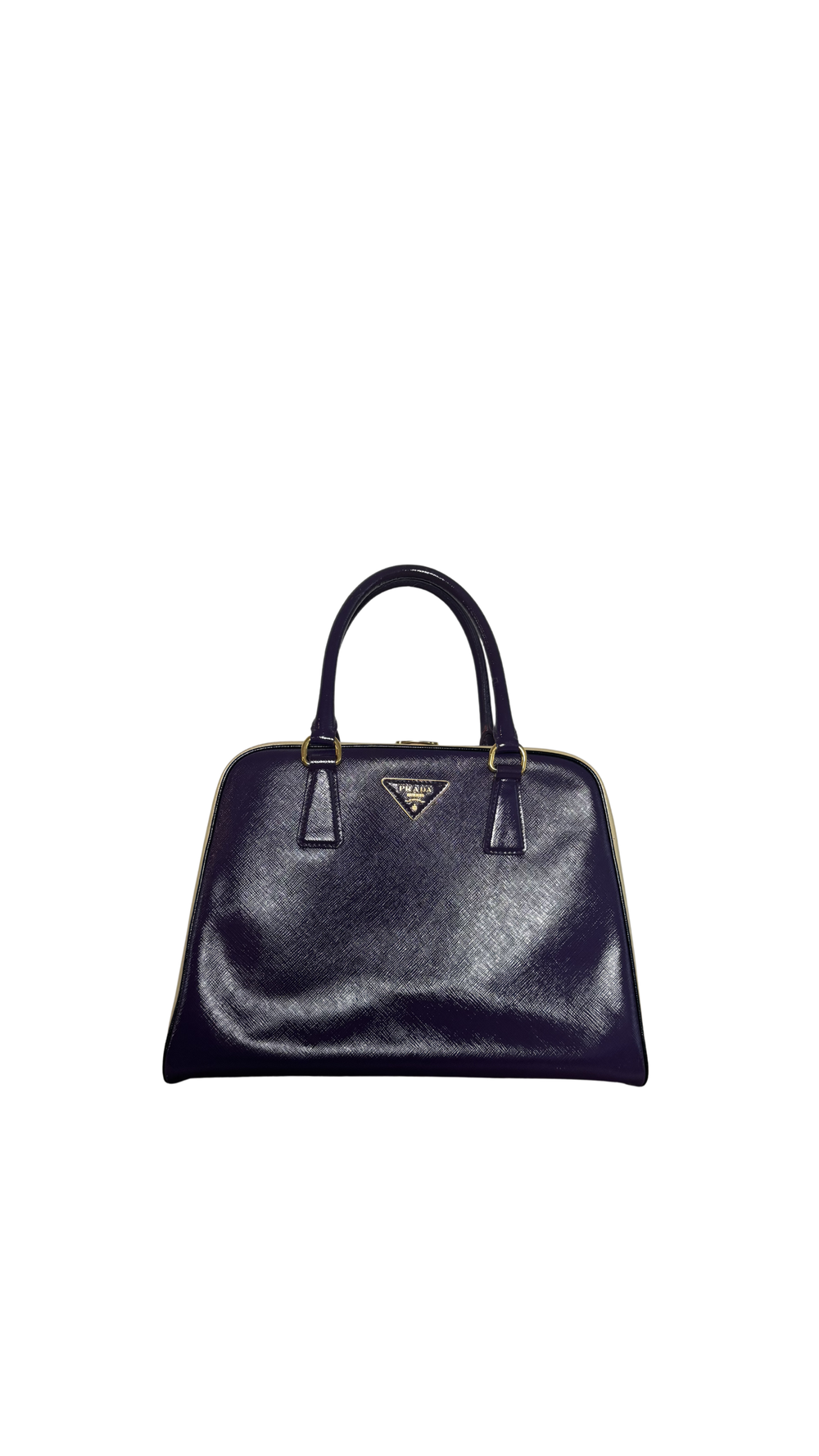Prada Purple Cream Saffiano Vernic Leather Pyramid Frame Satchel Handbag Large Metal Gold Top Handle Closure 2010s