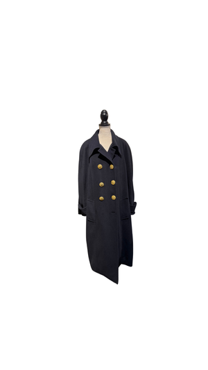 Chanel Vintage 1990s Black Wool Double Breasted Long Overcoat Gold CC Crest Buttons Trench Coat
