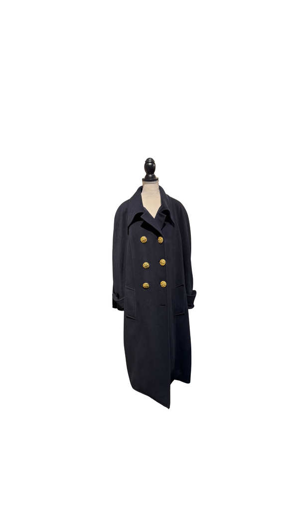 Chanel Vintage 1990s Black Wool Double Breasted Long Overcoat Gold CC Crest Buttons Trench Coat