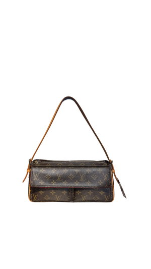 Louis Vuitton Vintage Monogram Canvas Viva Cite MM Shoulder Bag Vachetta Leather Strap Gold Hardware Flap Pockets