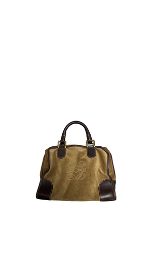 Loewe Vintage Amazona Suede Handbag Anagram Small Leather Trim Tan Brown
