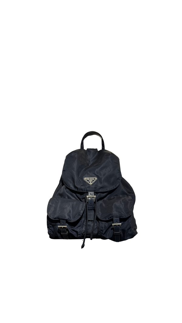 Prada Vintage Black Tessuto Nylon Backpack with Triangle Logo and Front Buckle Pockets