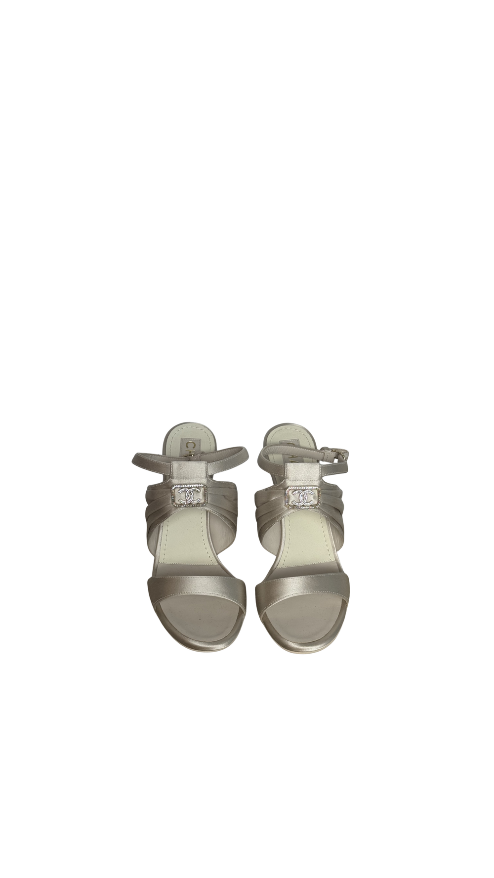 New Chanel 2023 G39654 Grey Logo Strass Heeled Strappy Sandal Satin Heeled Mule Pump Shoes CC coco mark EU 38.5