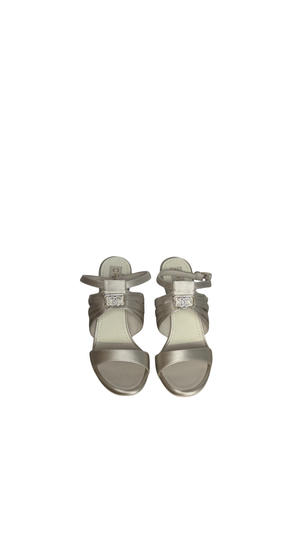 New Chanel 2023 G39654 Grey Logo Strass Heeled Strappy Sandal Satin Heeled Mule Pump Shoes CC coco mark EU 38.5