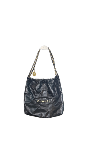 Chanel SS/2022 Black Quilted Shiny Calfskin Leather 22 Hobo Bag Calfskin Leather Gold Chain Shoulder Strap CC cocomark