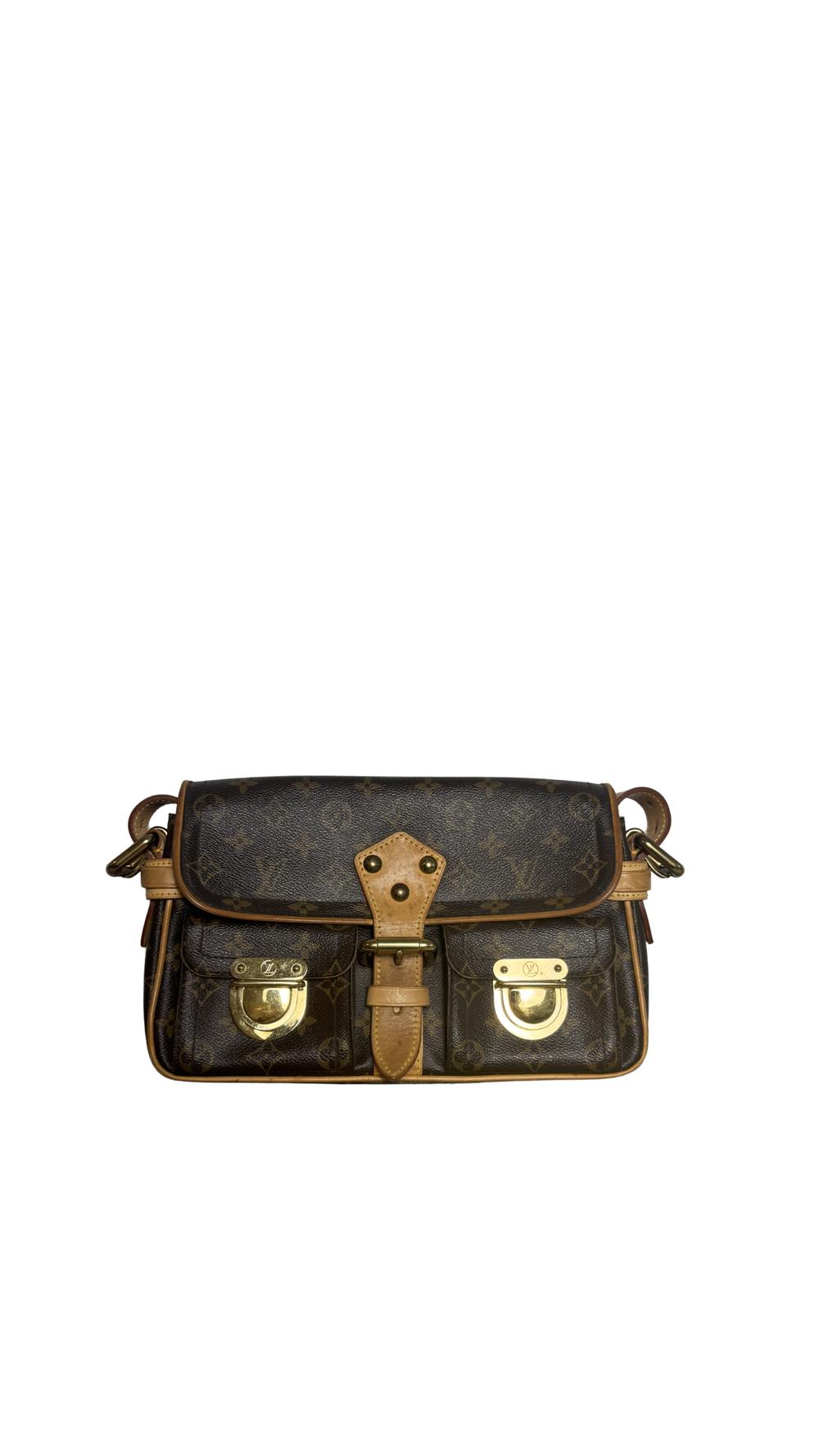 Louis Vuitton Monogram Hudson PM shoulder Bag Vintage Classic Style brown leather handles gold buckles